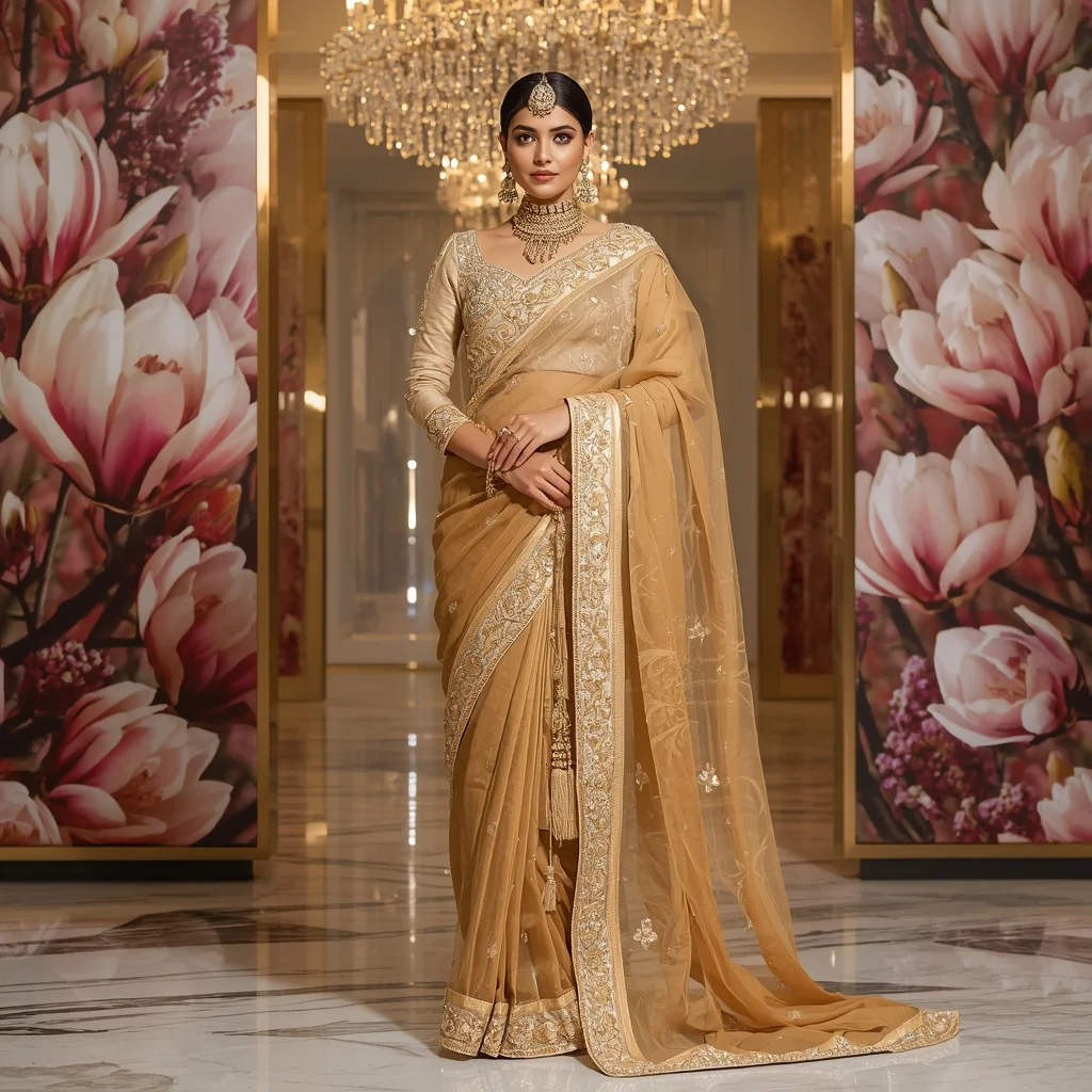 Ultra Luxury Golden Magnolia Crown Saree with Floral Crystal Citadel Background | Influencers Ai Prompt