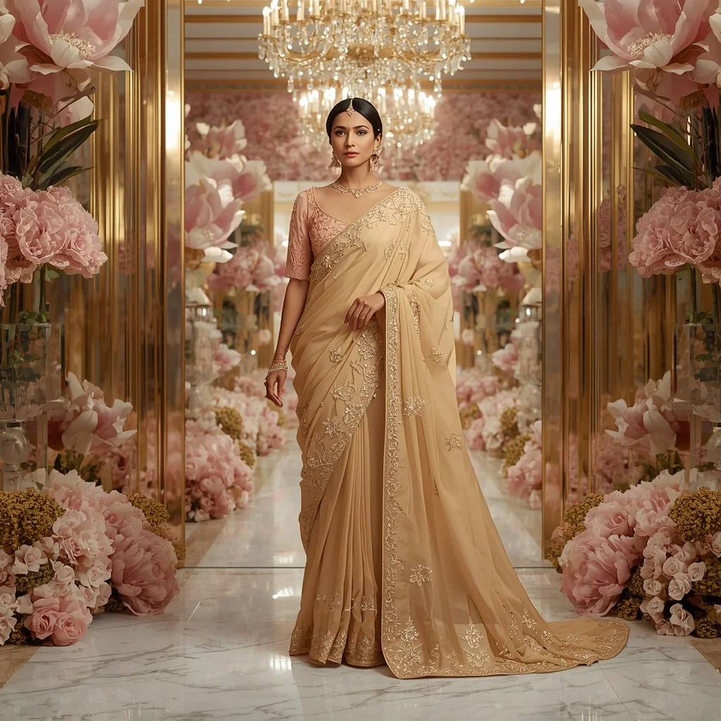 Ultra Luxury Golden Magnolia Empress Saree with Floral Crystal Paradise Background | Gemini Ai Photo Prompt