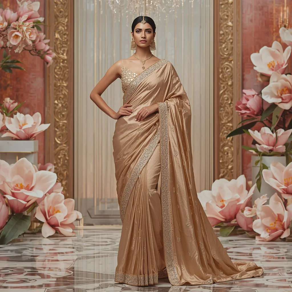 Ultra Luxury Golden Magnolia Samragyi Saree with Floral Crystal Empire Background | Happy Ai Prompt