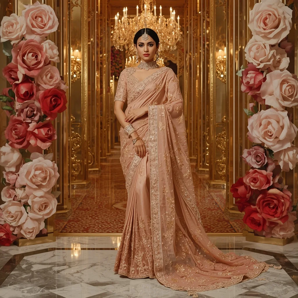 Ultra Luxury Golden Rose Samragyi Saree with Floral Crystal Palace Background | Instagram Profile Pic Ai Prompt