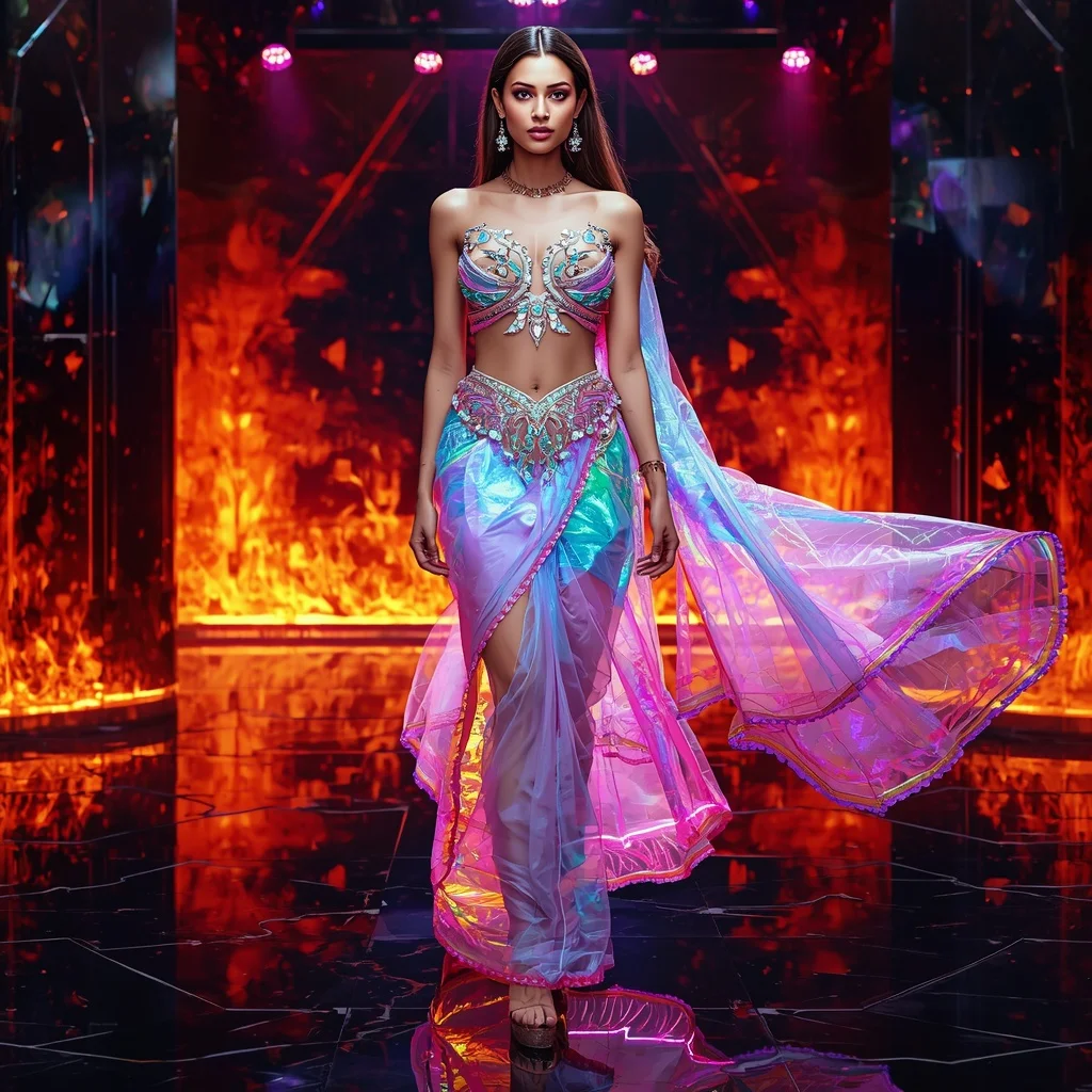 Ultra Luxury Neon Crystal Saree with Sharp Editorial Air Walk and Fire Reflection Dome Background | Ai Selfie Prompt