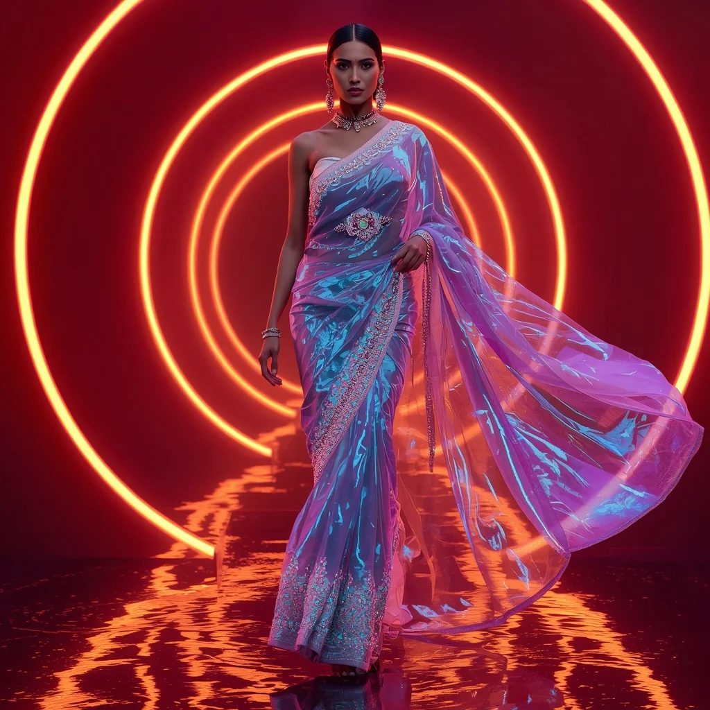 Ultra Luxury Neon Crystal Saree with Sharp Editorial Spiral Walk and Fire Reflection Ring Background | Woman Pose Ai Prompt