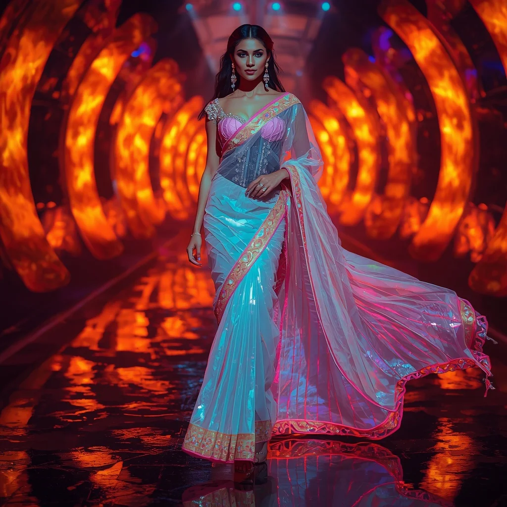 Ultra Luxury Neon Crystal Saree with Sharp Editorial Spiral Walk and Fire Reflection Tunnel Background | Instagram Aesthetic Ai Prompt