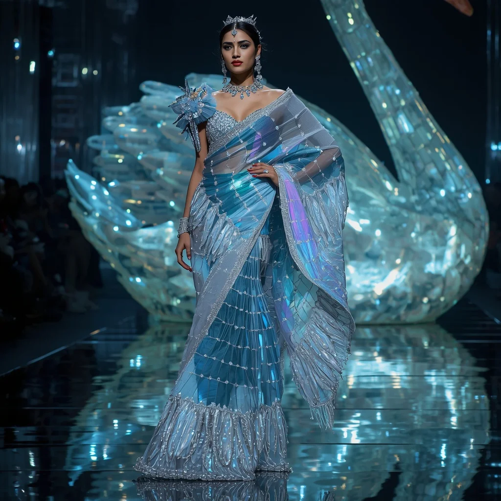 Ultra Luxury Neon Swan Crystal Saree with Floating Editorial Spiral Walk and Giant Glass Swan Reflection Palace Background | New Instagram Trend Prompt For Girl Aesthetic