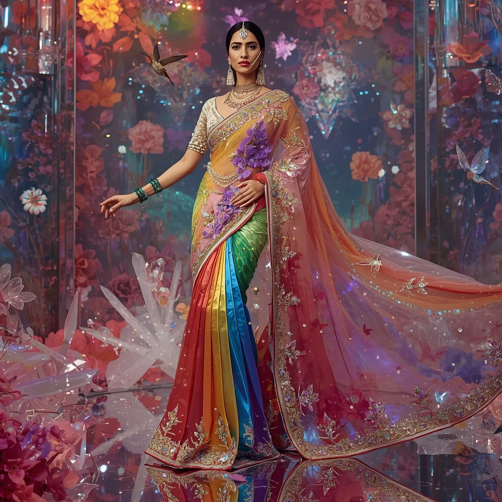 Ultra Luxury Rainbow Crystal Hummingbird Saree with Prism Floral Kingdom Background | Trending Prompt In Instagram Ai Photo Girls