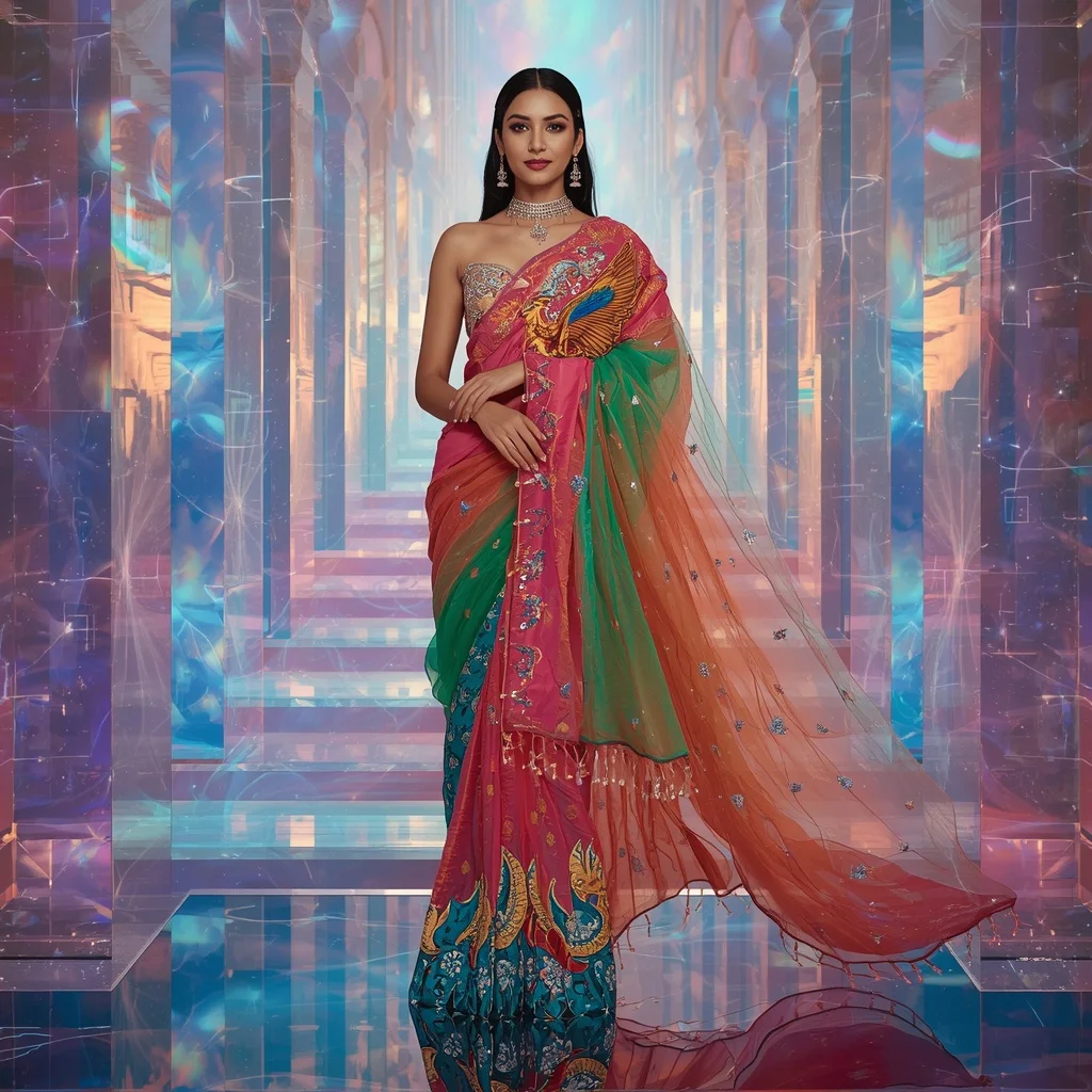 Ultra Luxury Rainbow Crystal Phoenix Saree with Prism Sky Empire Background | Ai Photo Editing Prompt