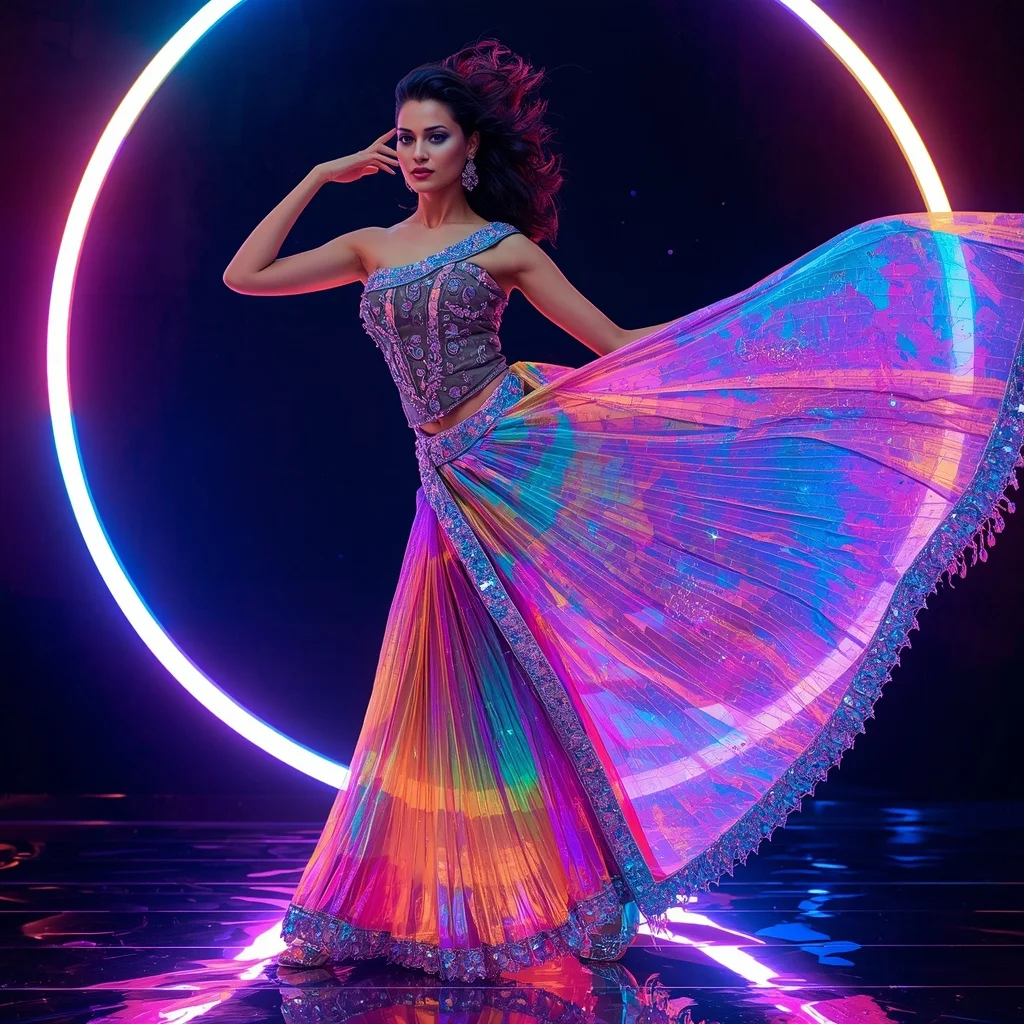 Ultra Luxury Rainbow Crystal Saree with Dynamic Editorial Air Curl and Neon Reflection Ring Background | Text To Image Prompt
