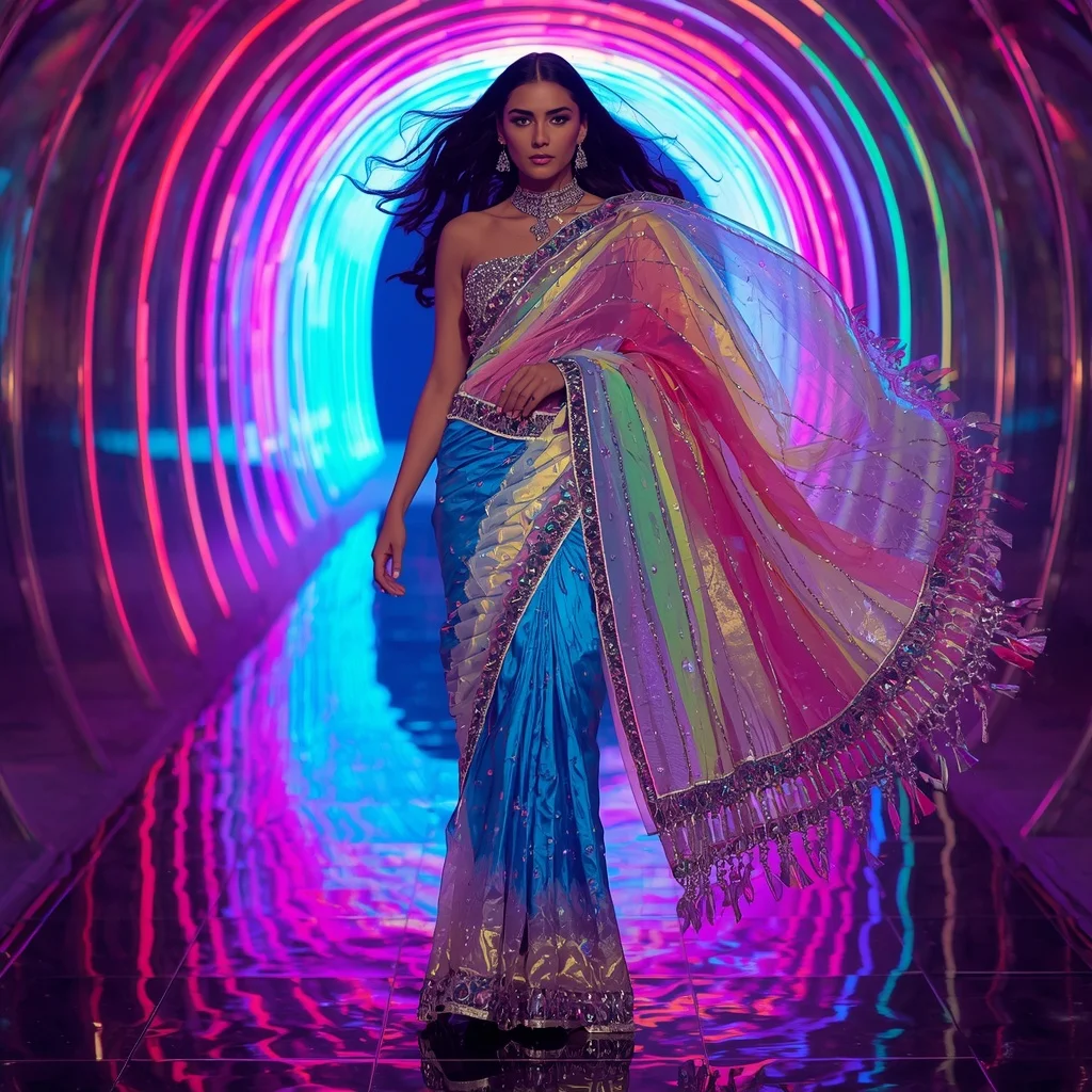 Ultra Luxury Rainbow Crystal Saree with Dynamic Editorial Twist Walk and Neon Reflection Tunnel Background | Influencer Ai Prompt