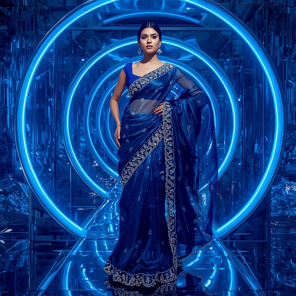 Ultra Modern Sapphire Aurora Prism Saree with Futuristic Crystal Portal Background | Trending Prompt Girls ChatGPT