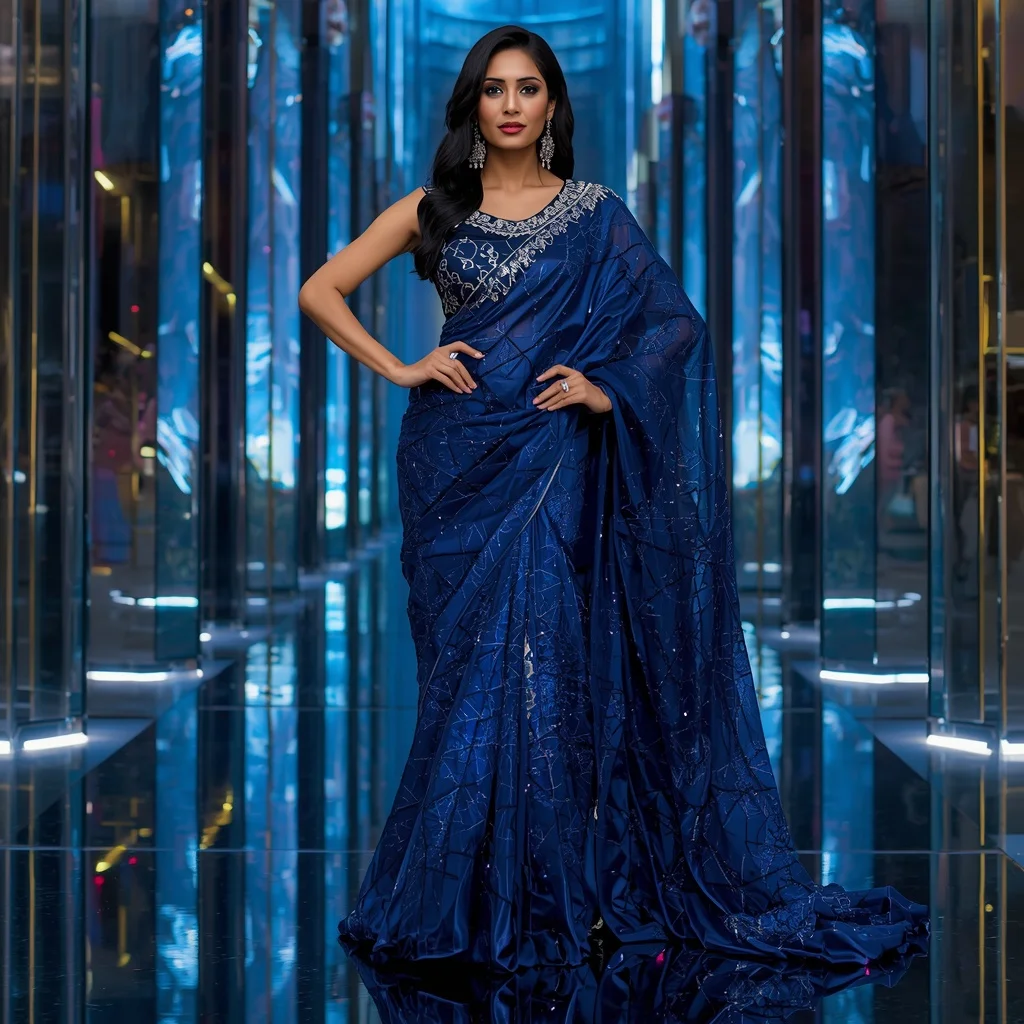 Ultra Modern Sapphire Cyber Queen Saree with Futuristic Glass Metropolis Background | Prompt Seen Trending Girl 2026 Chatgpt