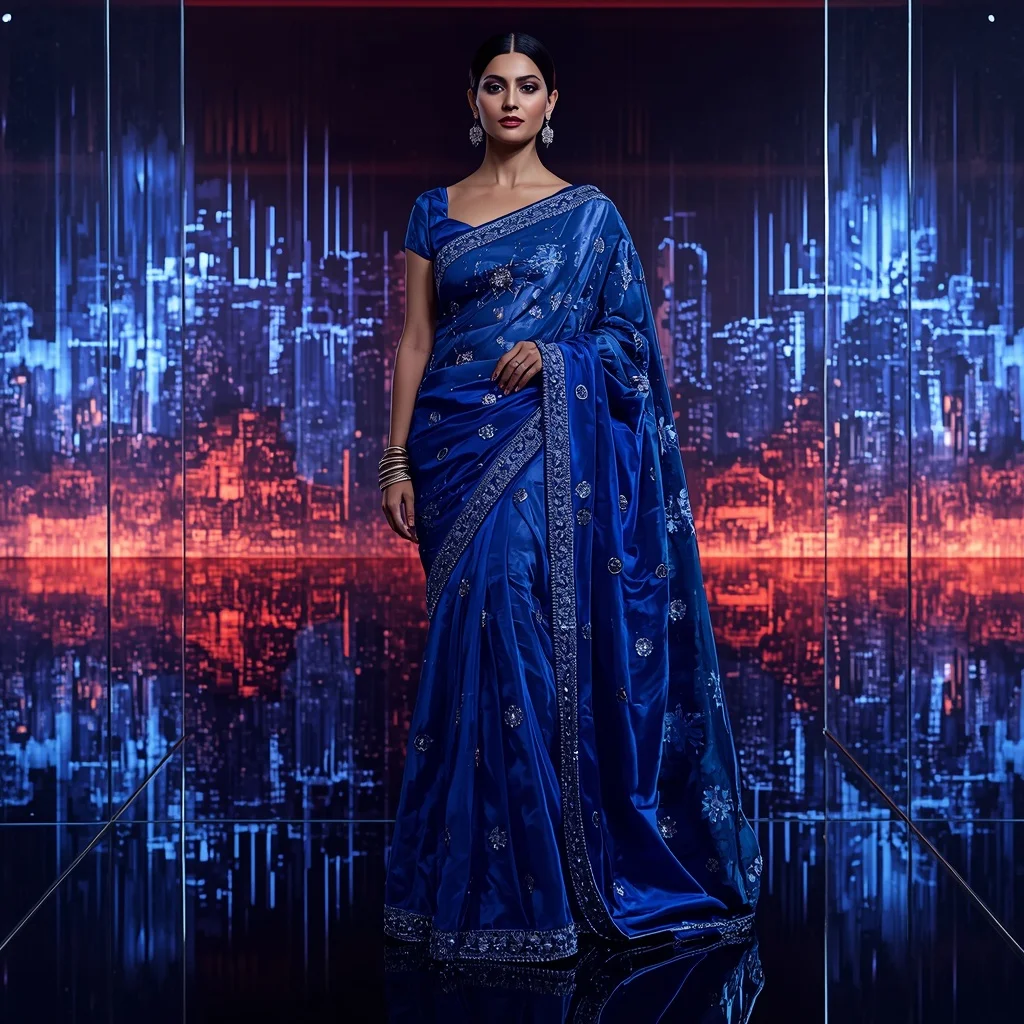Ultra Modern Sapphire Digital Queen Saree with Holographic Crystal City Background | Prompt For Gemini AI Girl Model