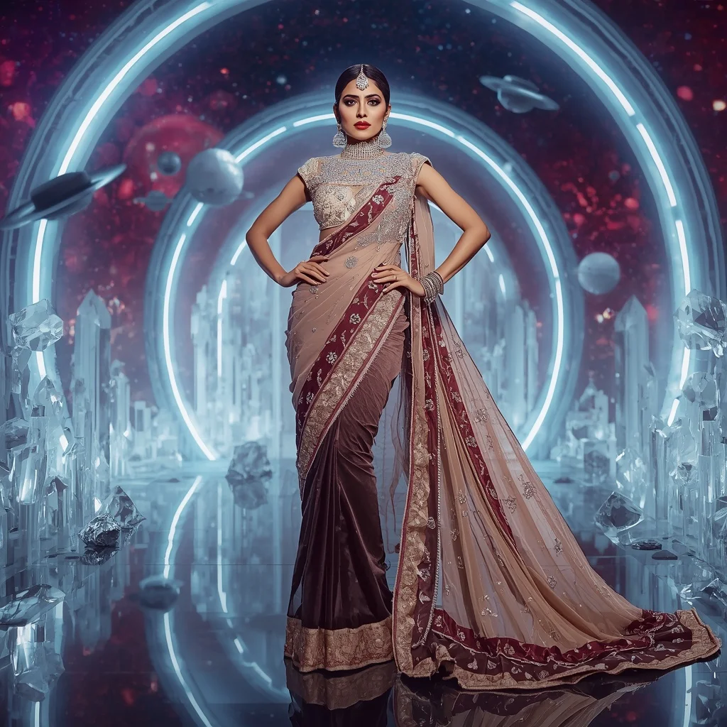 Ultra Premium Festival Diamond Maharani Couture Saree with Futuristic Crystal Crown Universe Background | Instagram Carousel Ai Prompt