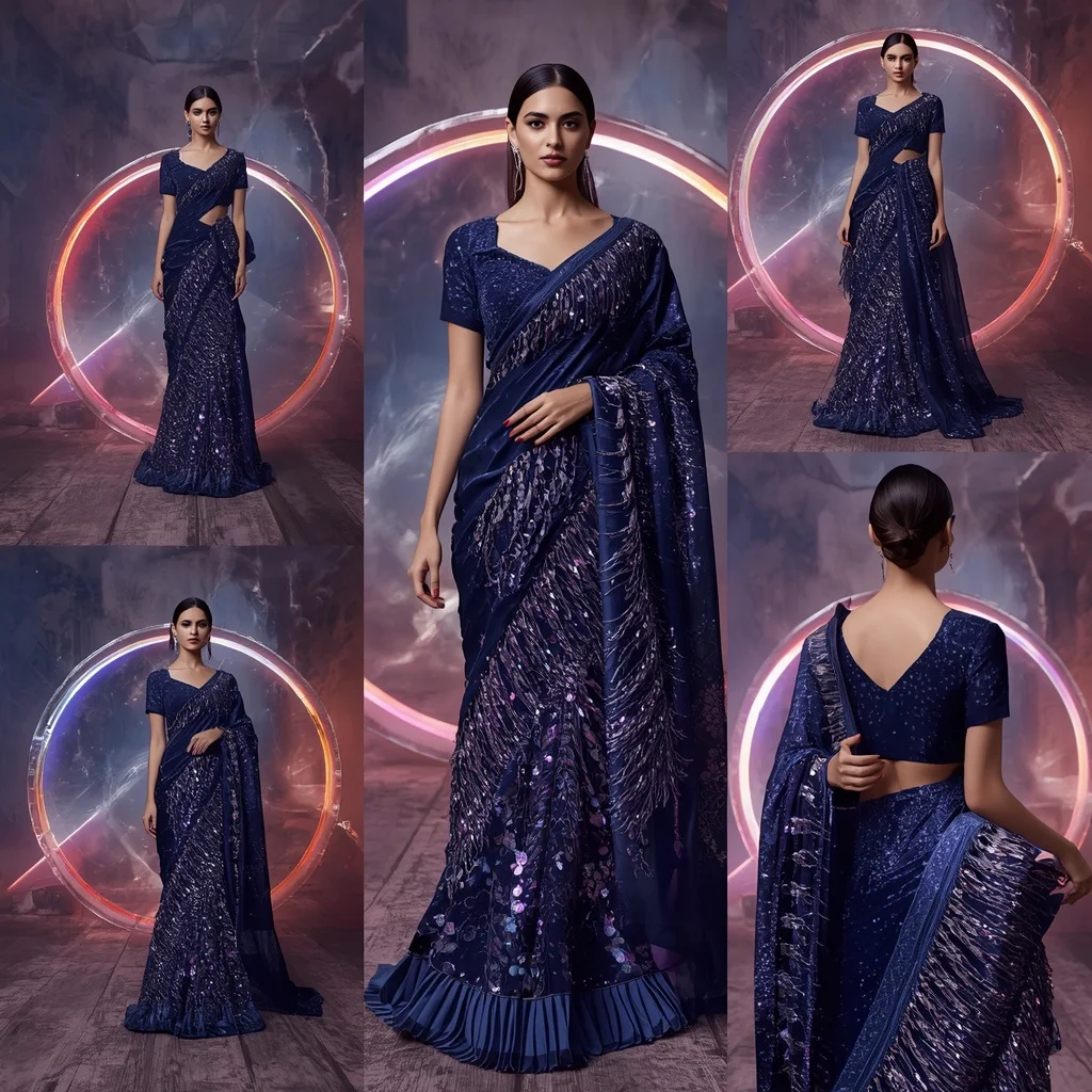 Velvet Aurora Saree with Prism Ring Architecture | Text To Image Prompt