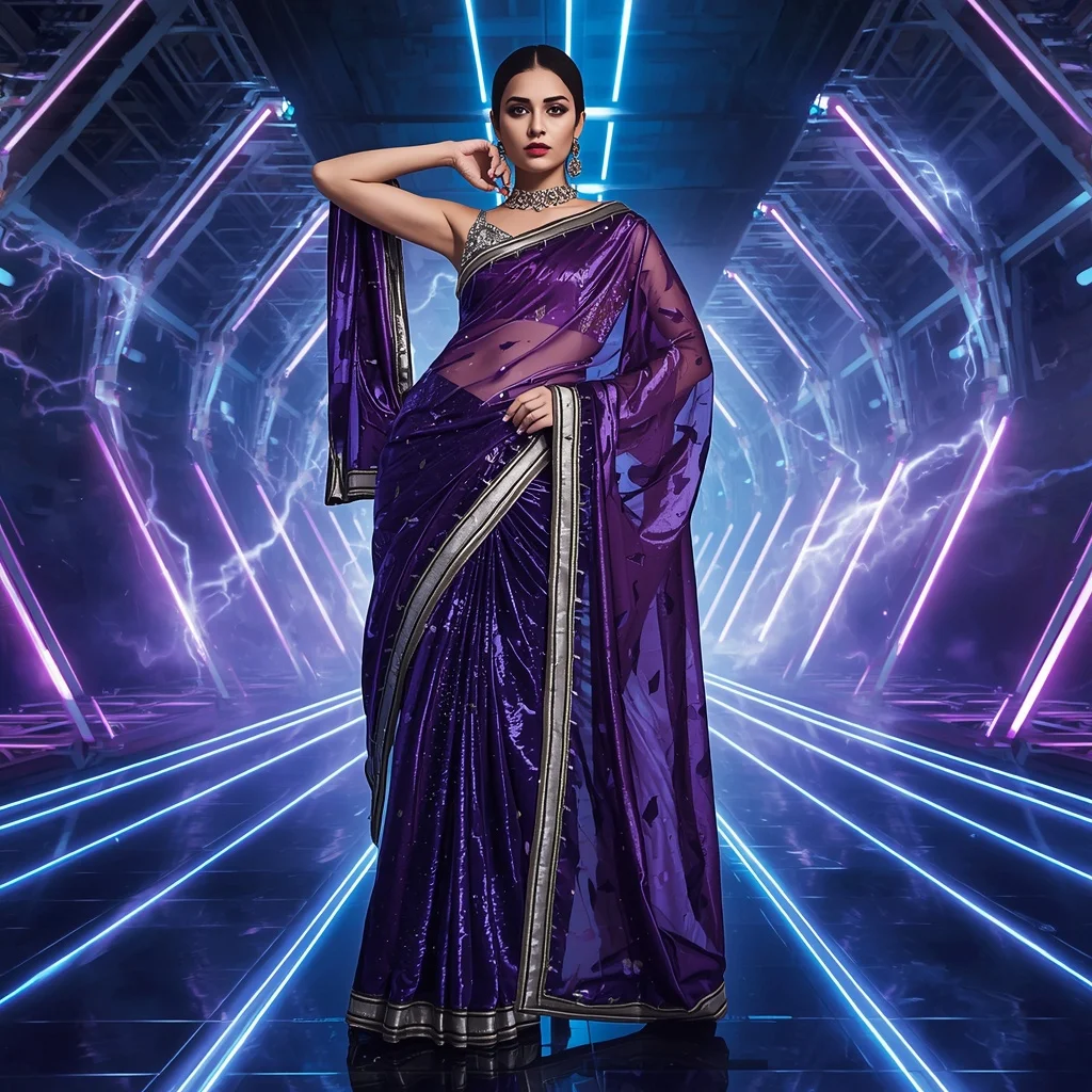 Velvet Aurora Thunder Saree with Neon Axis Nexus | Festive Prompt