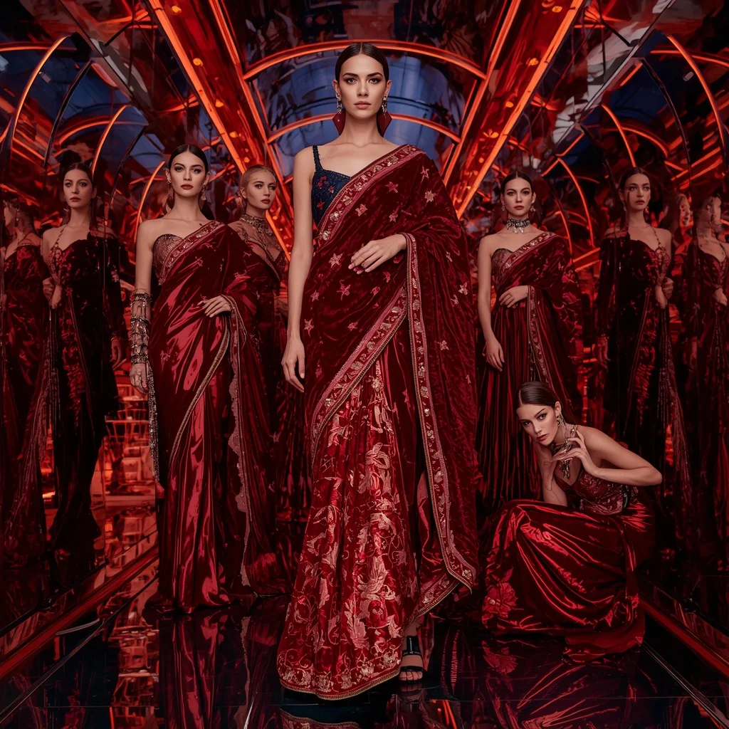 Velvet Crimson Galaxy Saree with Neon Reflection Infinity Sanctuary | Image Prompt