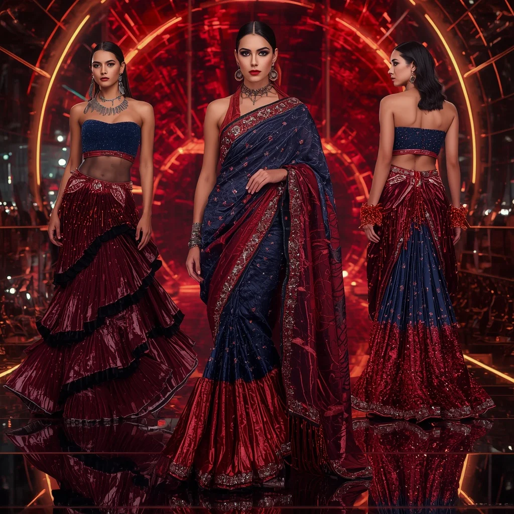 Velvet Crimson Galaxy Saree with Neon Reflection Orbit Citadel | Ai Photo Editing Prompt