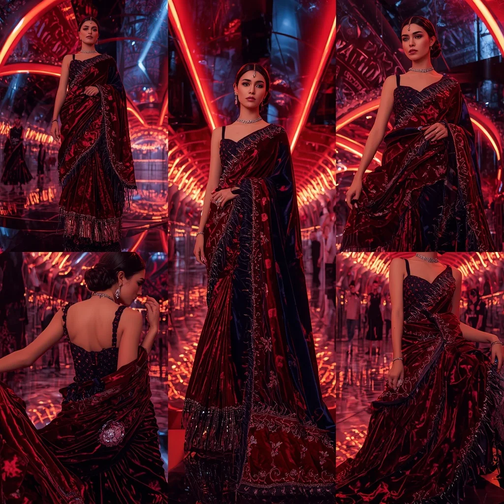 Velvet Crimson Galaxy Saree with Neon Reflection Orbit Hall | Chatgpt Photo Editing Styles For Girl