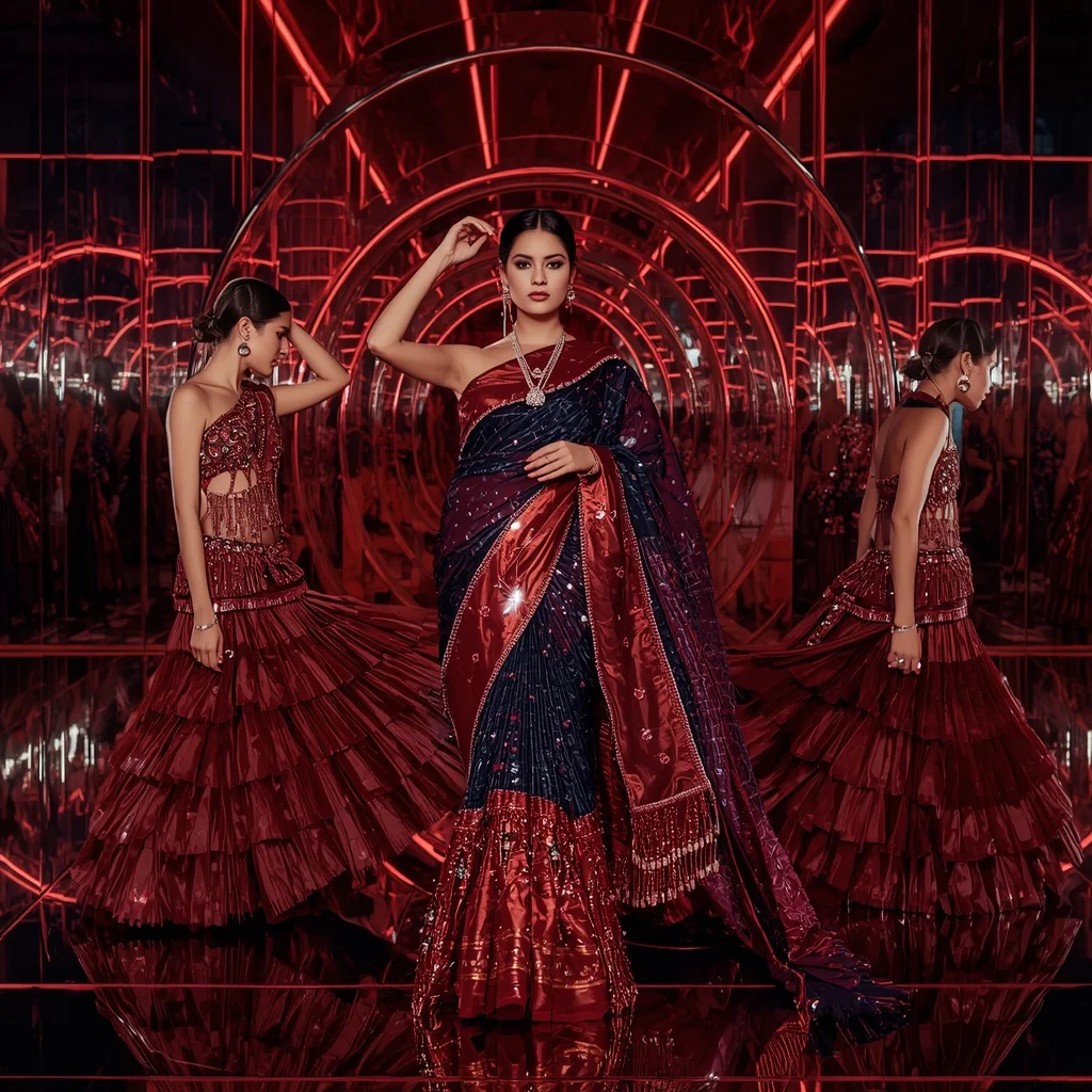 Velvet Crimson Galaxy Saree with Neon Reflection Sanctuary | New Instagram Trend Prompt For Girl And Boy