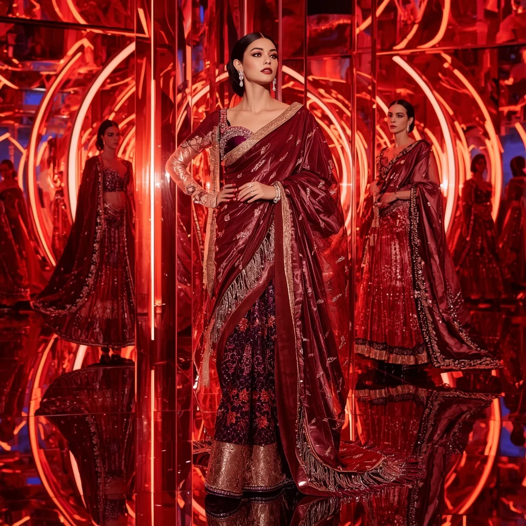 Velvet Crimson Mirage Saree with Neon Reflection Palace | Trending Prompts For Instagram For Girl