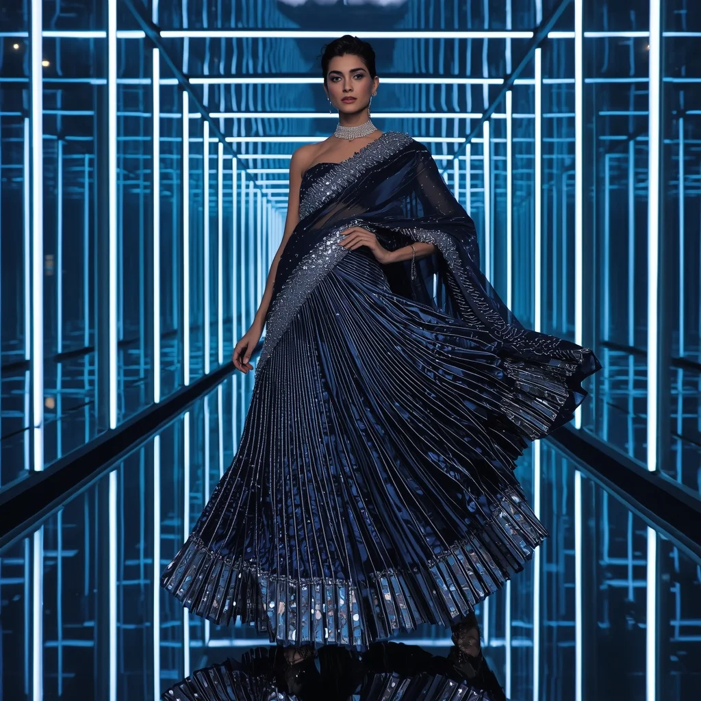 Velvet Crystal Eclipse Saree with Floating LED Infinity Hallways | New Instagram Trend Prompt For Girl Copy And Paste