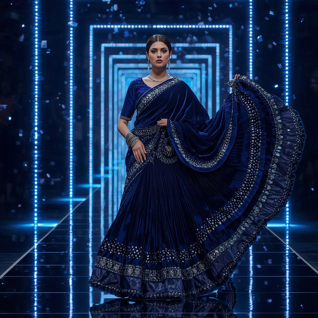 Velvet Crystal Mirage Saree with Floating LED Infinity Portals | Stable Diffusion Prompt