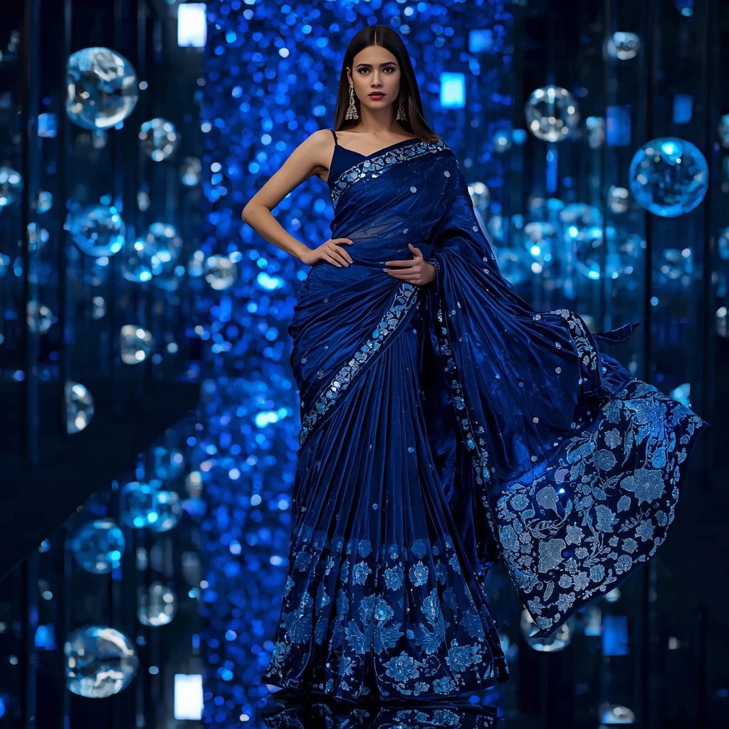 Velvet Crystal Mirage Saree with Floating LED Infinity Worlds | Prompt Seen Girl Photo Editing Trending