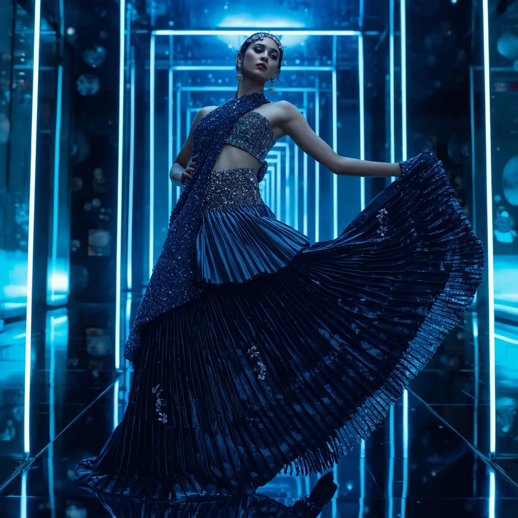 Velvet Crystal Nebula Saree with Floating LED Infinity Portals | Luxury Lifestyle Ai Prompt