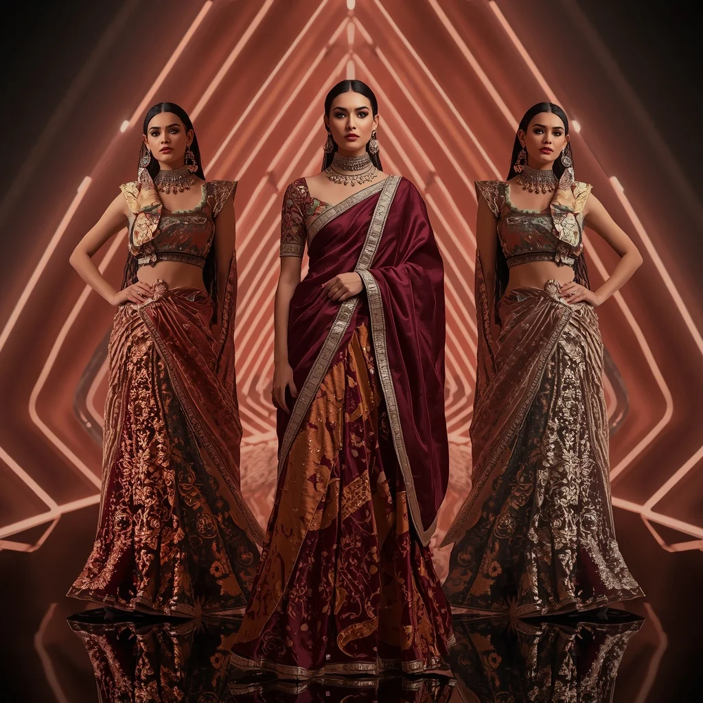 Velvet Ember Mirror Saree with Neon Geometry Palace | Ai Gemini Prompt