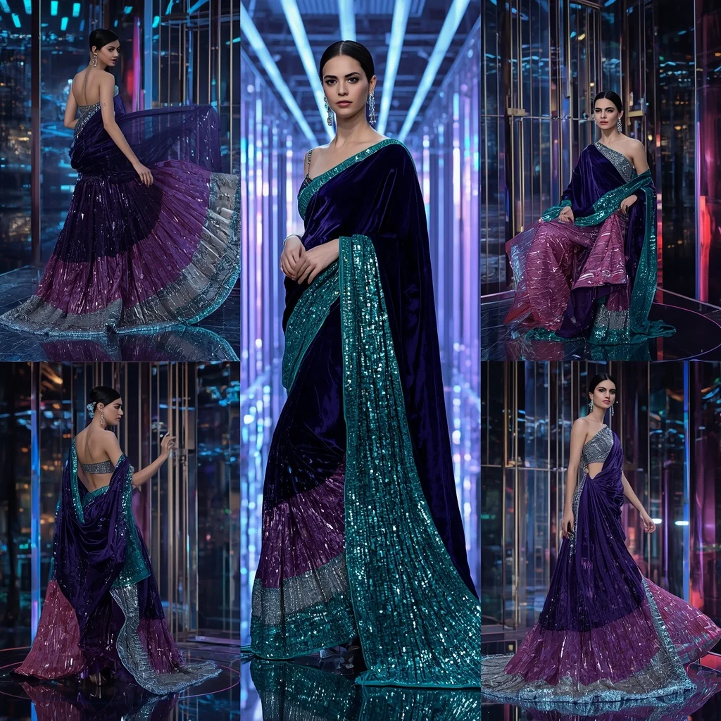 Velvet Galaxy Festival Saree with Digital Prism Infinity Crystal Palace | Desi Girl Ai Prompt