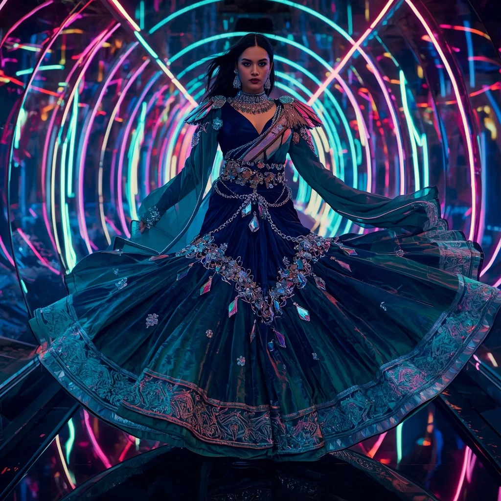Velvet Nebula Crystal Saree with Neon Reflection Spiral Corridor | Lighting Ai Prompt