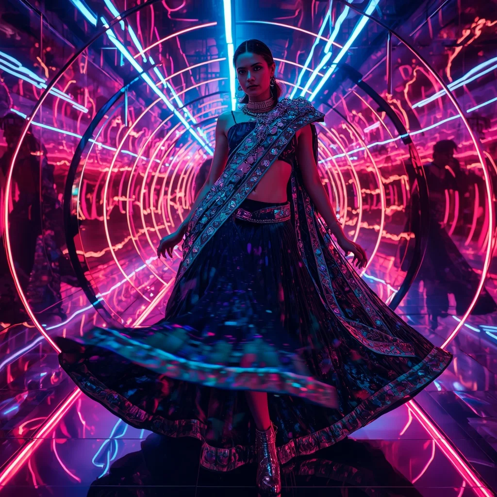 Velvet Nebula Fantasy Saree with Neon Reflection Spiral Tunnel | Pre Wedding Ai Prompt