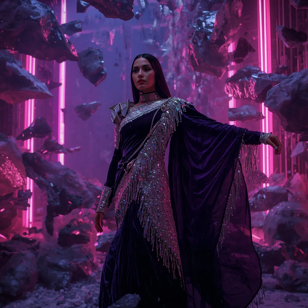 Velvet Nebula Fragment Singularity Abyss Armor Saree with Floating Crystal Storm Nebula Matrix Collapse Field | Character Design Ai Prompt