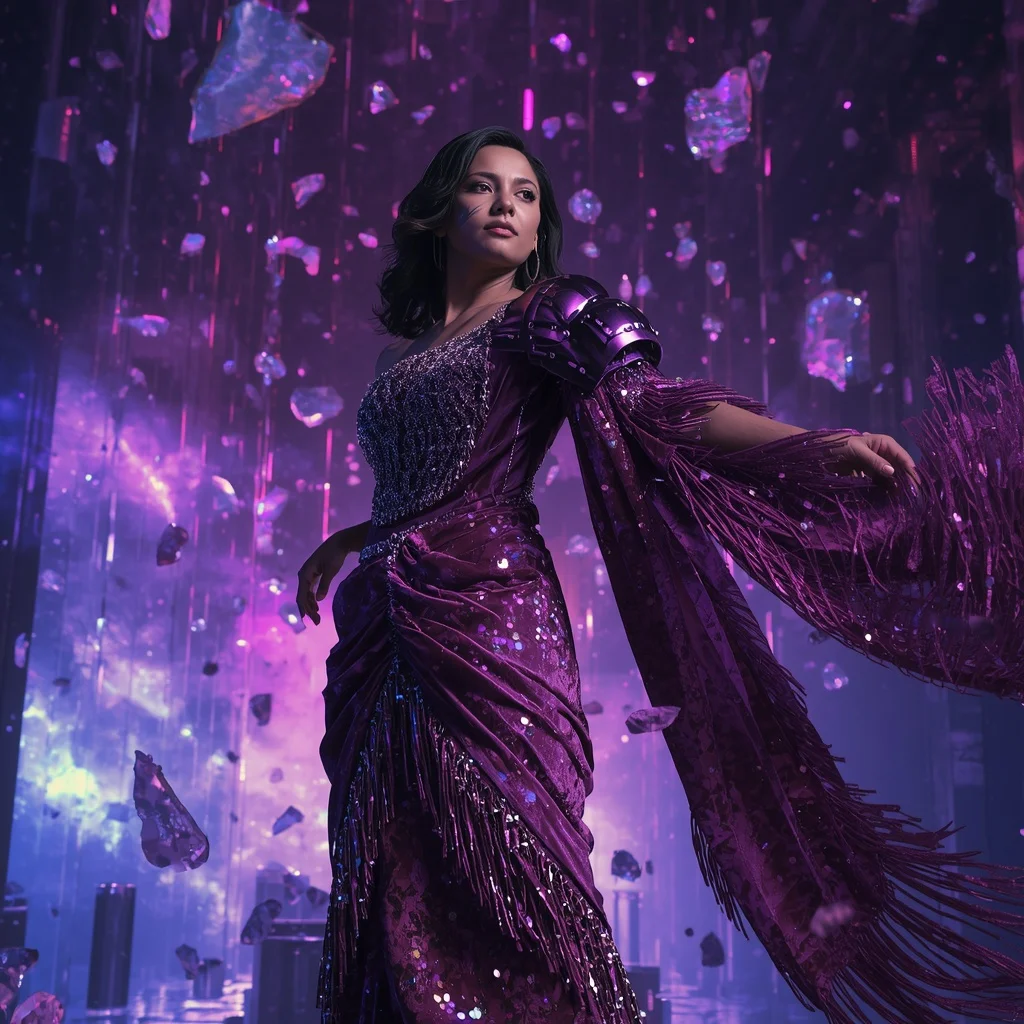 Velvet Nebula Fragment Singularity Armor Saree with Floating Crystal Storm Matrix Collapse Nebula Field | Trending Prompts For Instagram For Girl