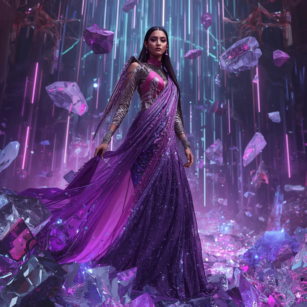 Velvet Nebula Fragment Singularity Core Armor Saree with Floating Crystal Storm Matrix Nebula Collapse Field | Prompt Seen Gemini Girl Instagram