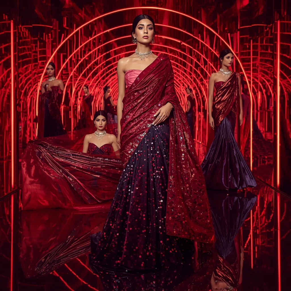 Velvet Ruby Galaxy Saree with Neon Reflection Chamber | Chatgpt Prompt