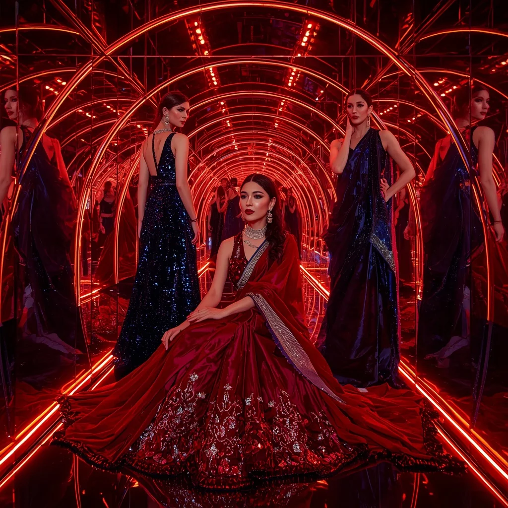 Velvet Ruby Galaxy Saree with Neon Reflection Hall | Luxury Ai Prompt
