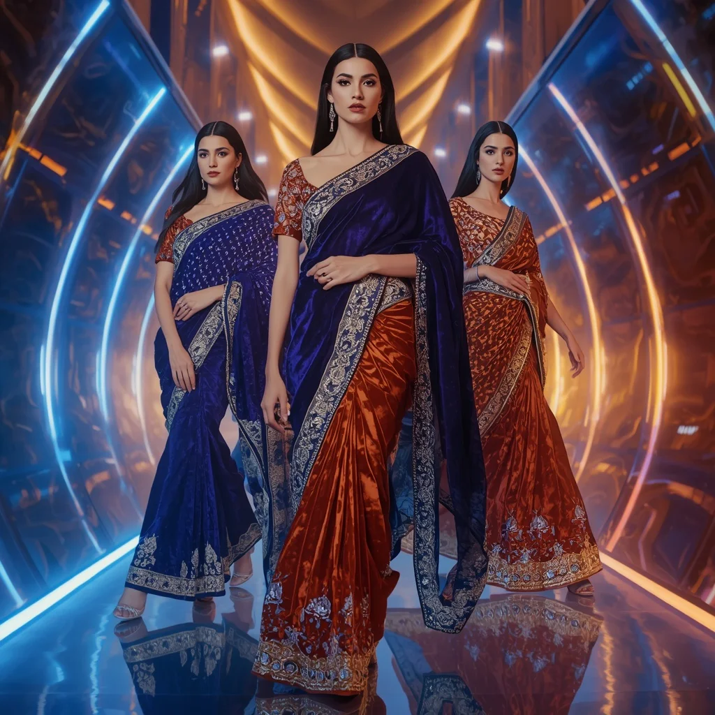 Velvet Sapphire Crystal Saree with Triple Motion Poses and Infinity Glow Universe | Gemini Ai Prompt