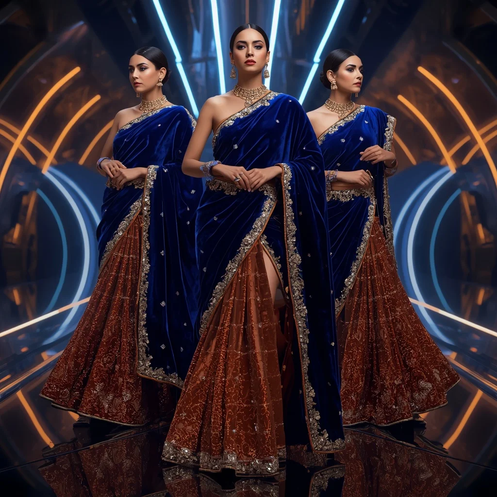 Velvet Sapphire Eternal Empress Saree with Triple Motion Poses and Infinity Glow Eternity Realm | Instagram Viral Photo Prompt