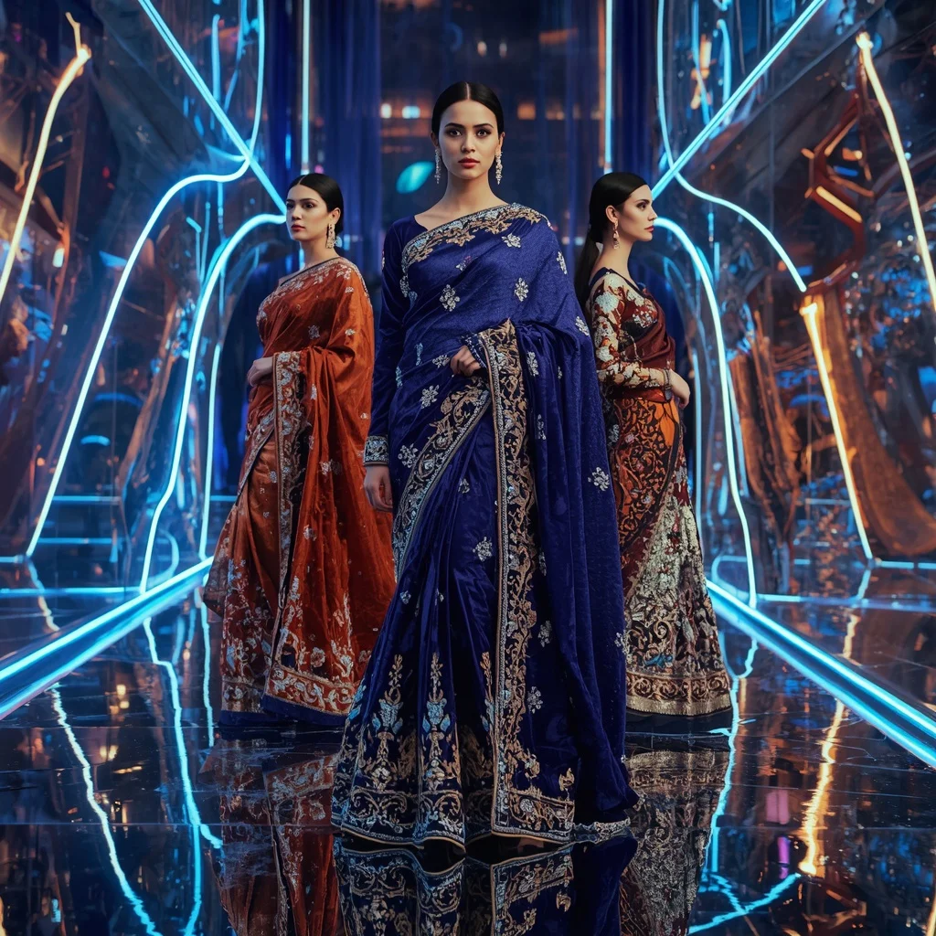 Velvet Sapphire Hyperverse Empress Saree with Triple Motion Poses and Infinity Glow Hyperrealm | Korean Ai Prompt