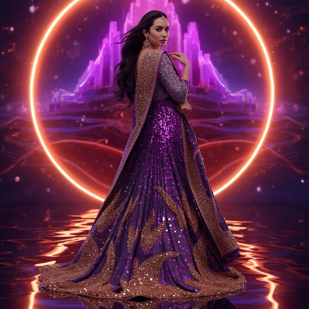 Violet Flame Mirage Saree with Floating Neon Halo Citadel | Ai Gemini Saree Prompt