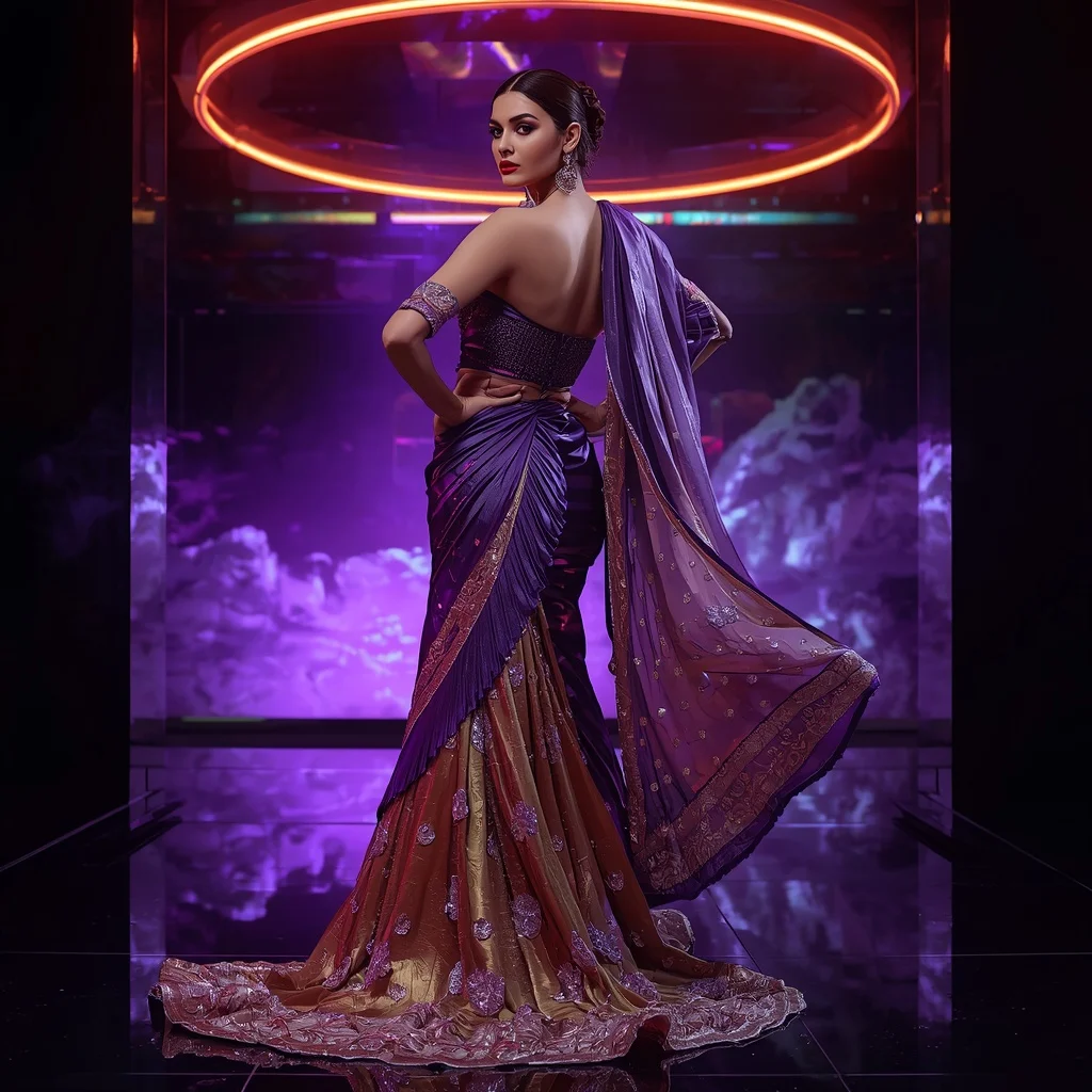Violet Inferno Mirage Saree with Floating Neon Halo Empire | Influencers Ai Prompt