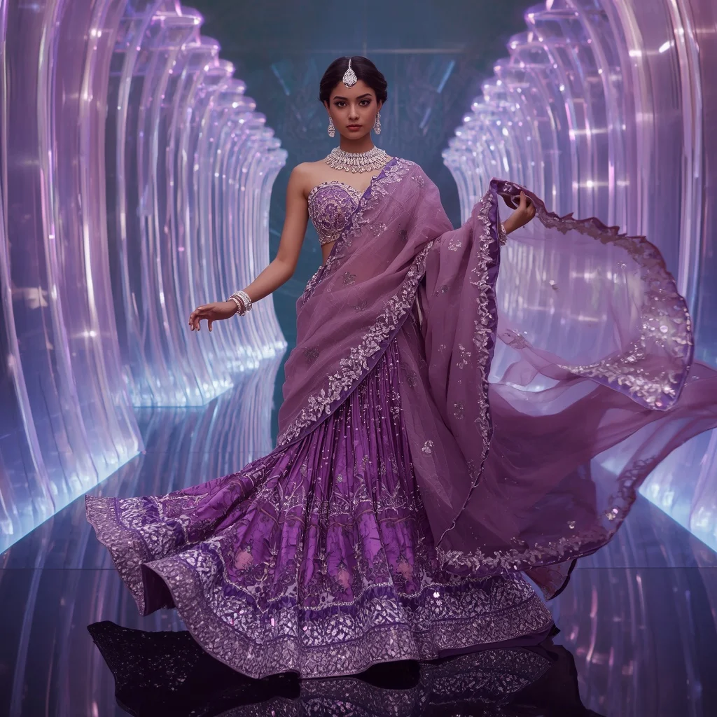 Violet Nebula Dream Saree with Crystal Harmony Infinity Pavilion | Bridal Ai Prompt