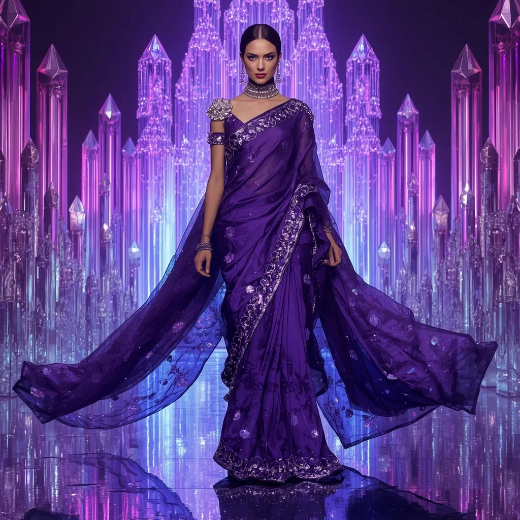 Violet Nova Mirror Saree with Neon Infinity Crystal Fortress | Pre Wedding Ai Prompt