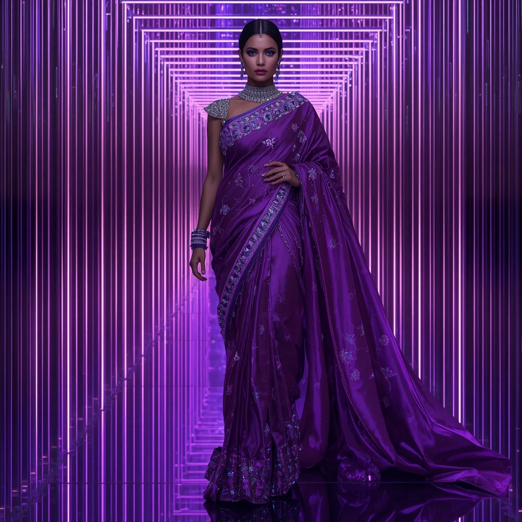 Violet Thunder Mirage Saree with Neon Infinity Prism Sanctuary | Instagram Girl Gemini Prompt