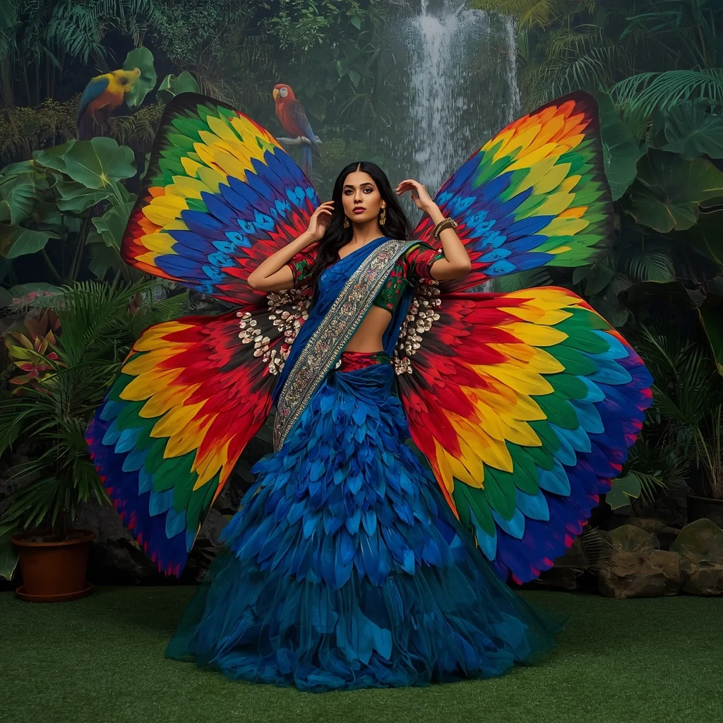 Vivid Rainforest Macaw Butterfly Saree with Lush Botanical Garden Background | Instagram Profile Pic Ai Prompt