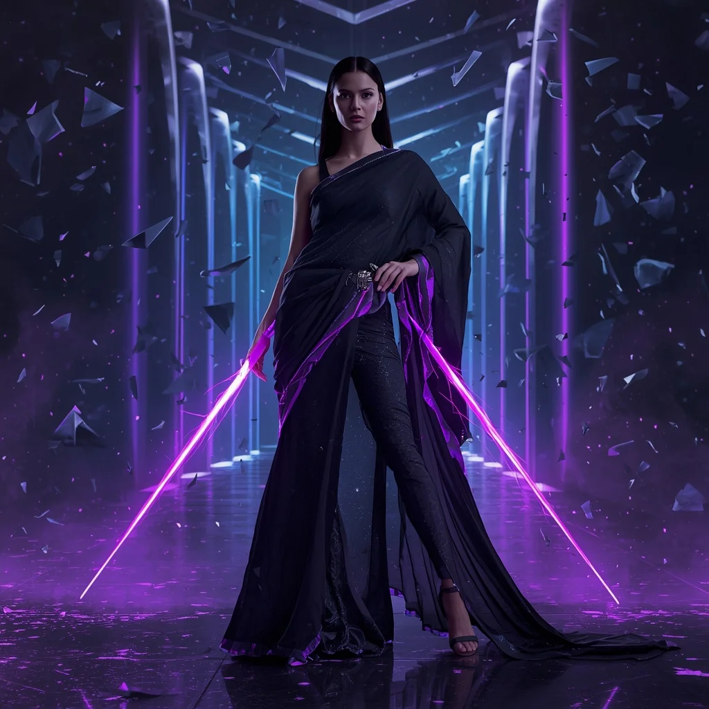 Void Aurora Blade Saree with Dark Energy Arena | Beautiful Woman Ai Prompt