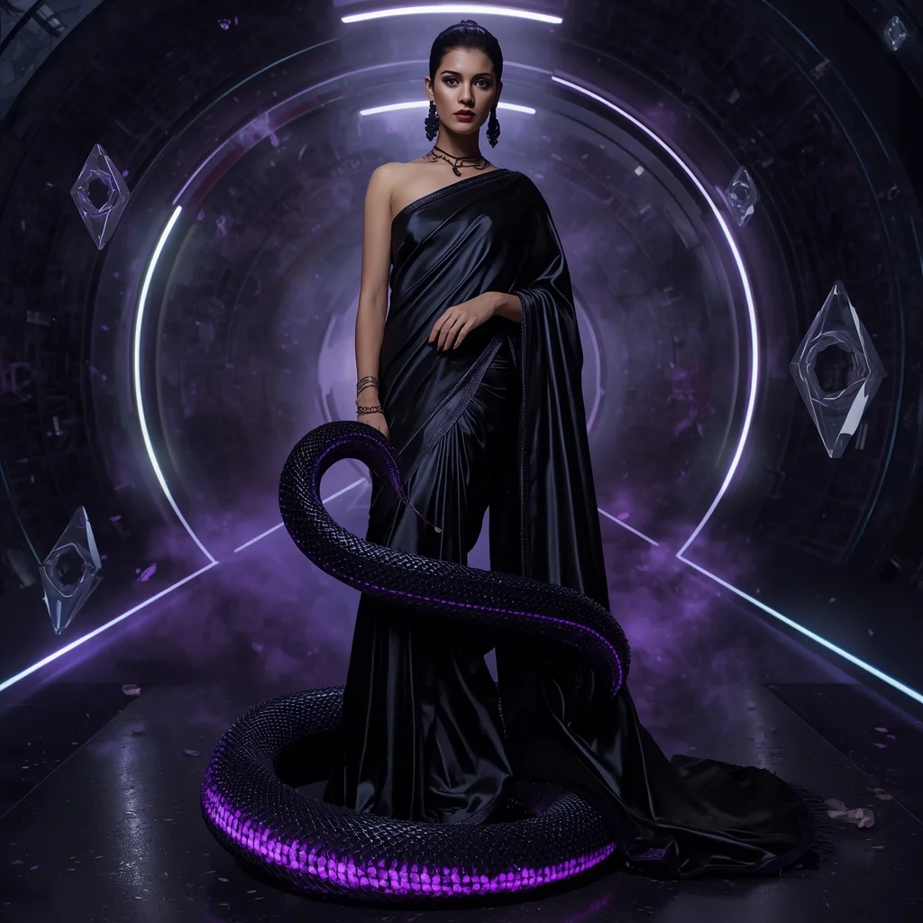 Void Crystal Serpent Saree with Dark Energy Spiral Hall | Gemini Prompt