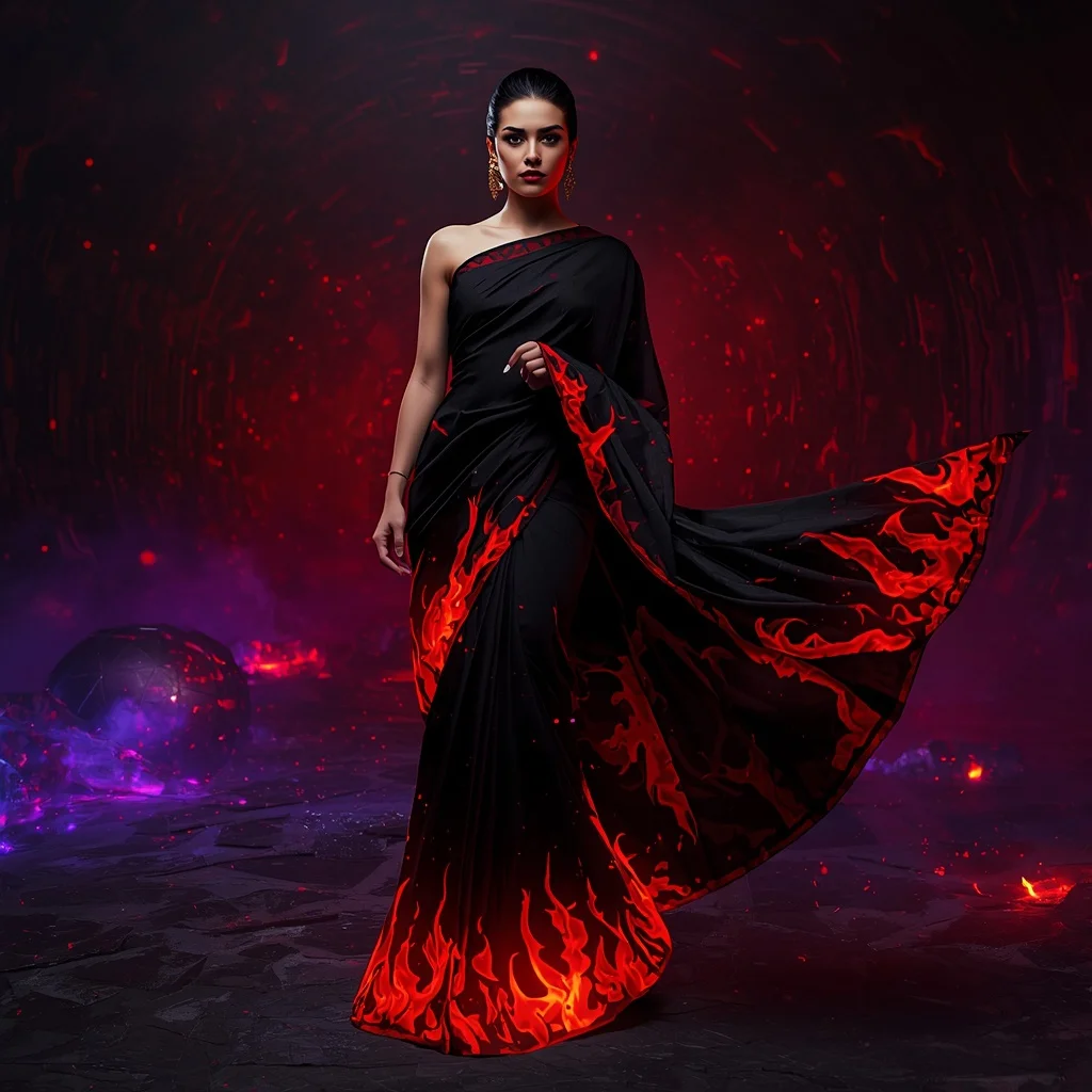 Void Fire Silk Saree with Dark Flame Chamber | Ai Photo Editing Prompt