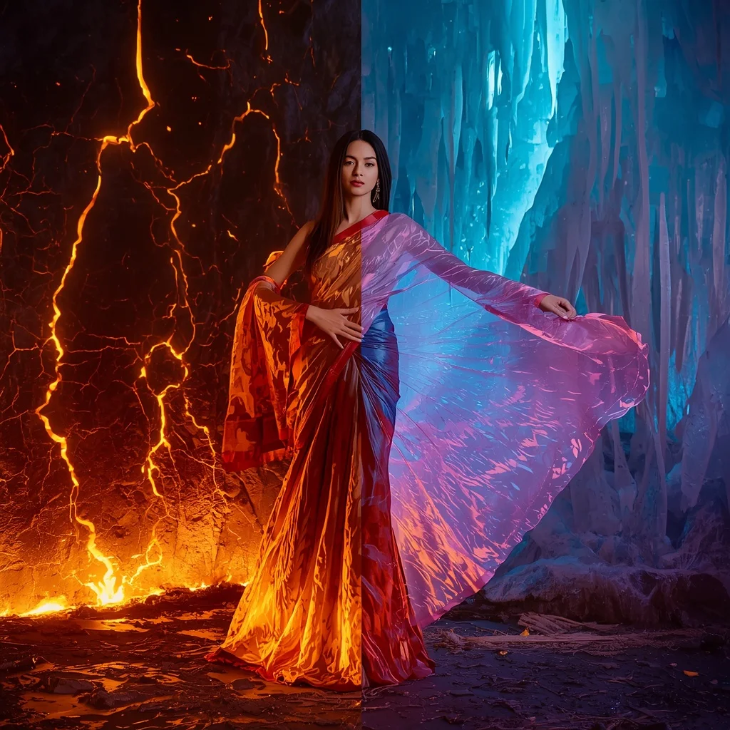 Volcanic Aurora Silk Saree with Fire Ice Rift Chamber | Whatsapp Dp Ai Prompt