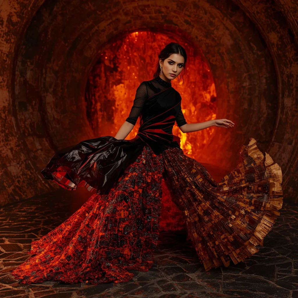 Volcanic Glass Ember Saree with Lava Crystal Core Chamber | Korean Ai Prompt